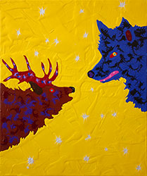 JOE FAY - Elk and Wolf, animals, painting, abstract, colorful
